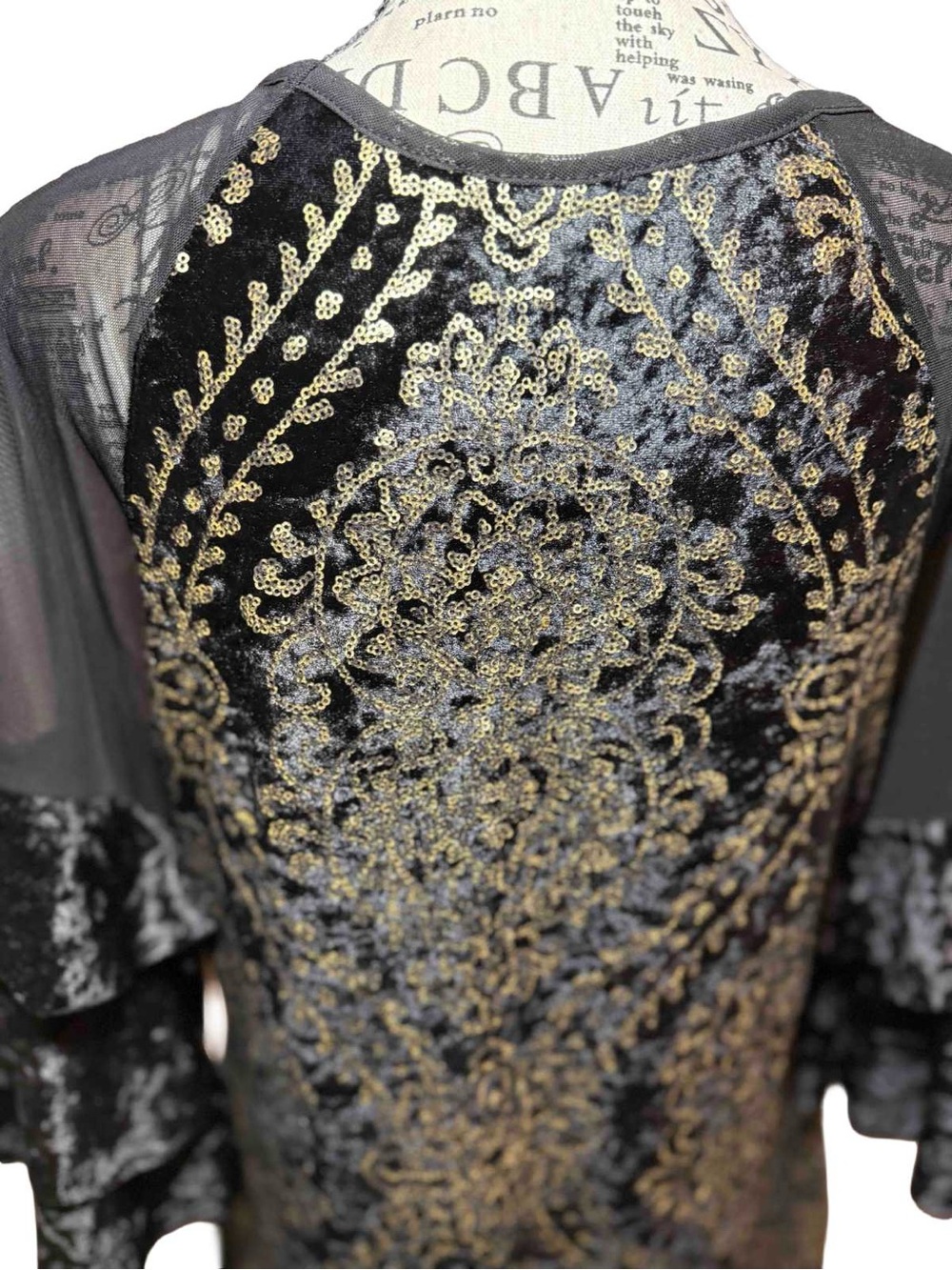 VENUS Gold Sequin Black Velvet Midi Dress Sheer Ruffle Sleeve Side Slit - L - Picture 8 of 15